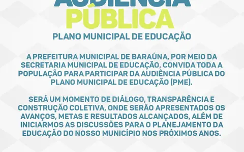 Prefeitura de Baraúna convida população para Audiência Pública do Plano Municipal de Educação