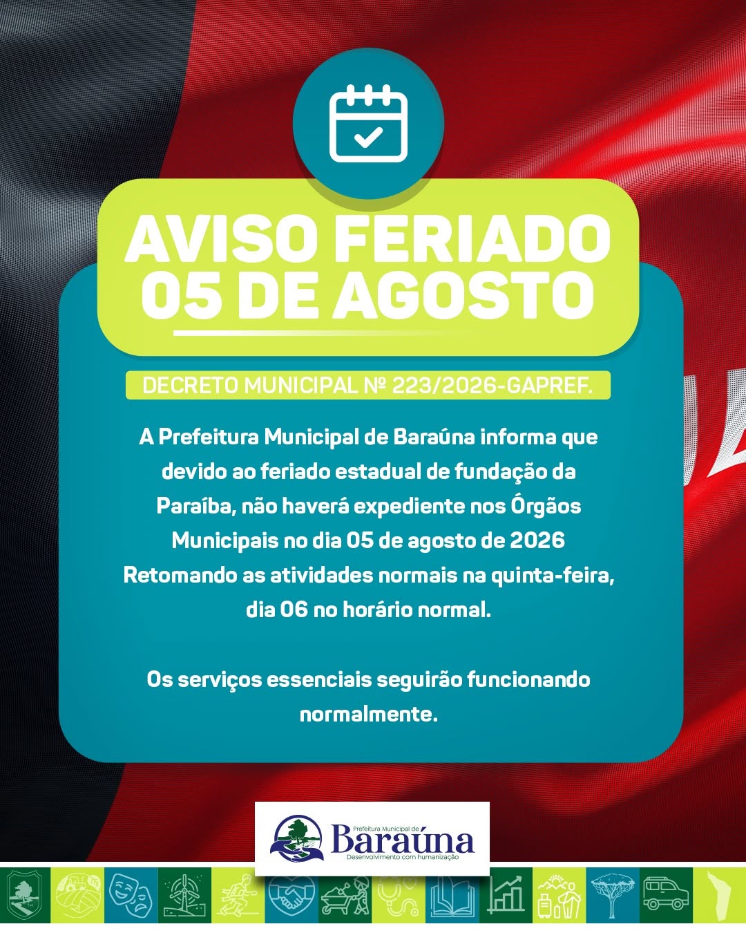 📢 Em razão do feriado dos 441 anos da fundação da Paraíba, nesta quarta-feira (05) não...