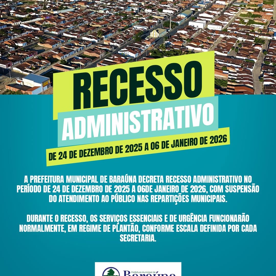 Prefeitura de Baraúna: recesso administrativo de 24/12 a 06/01