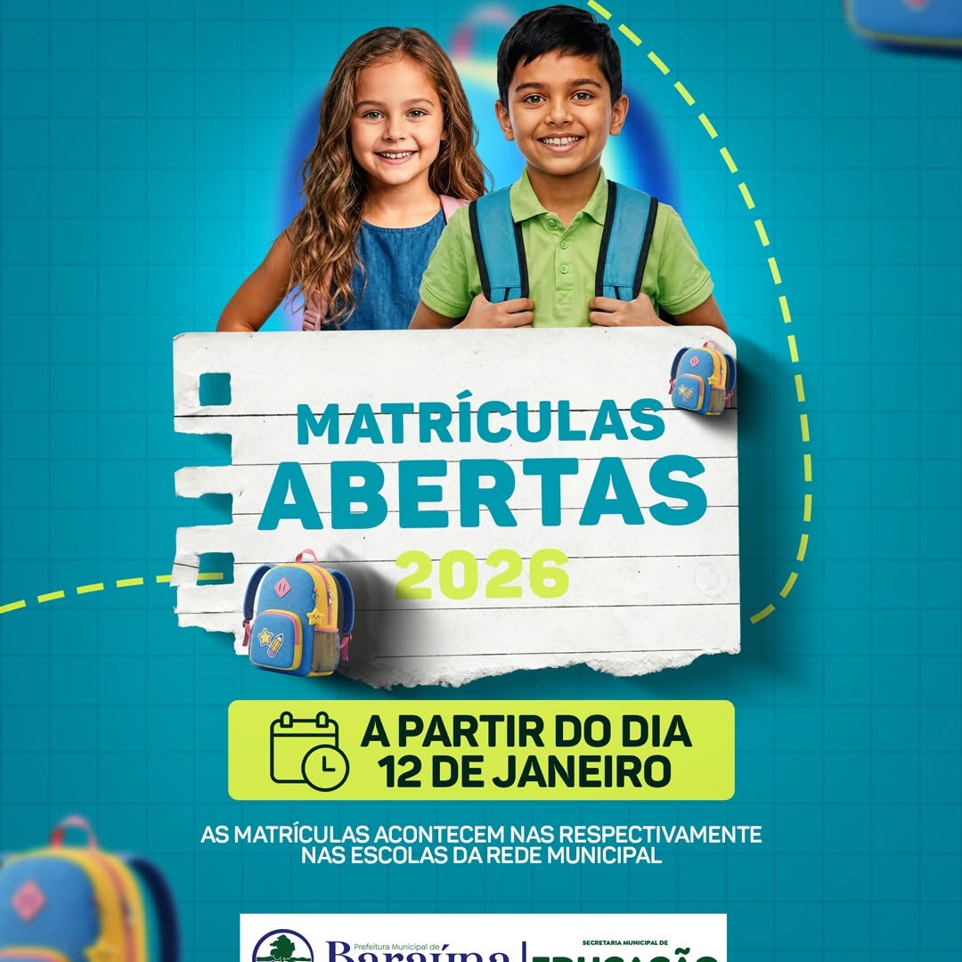 Prefeitura de Baraúna abre matrículas para 2026 a partir de 12 de janeiro