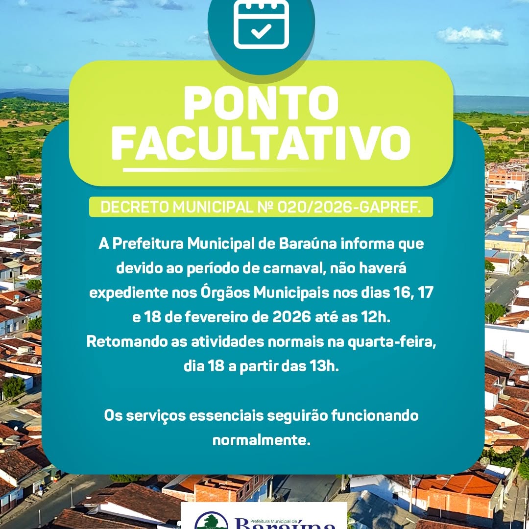 Baraúna: Expediente Municipal Alterado para o Carnaval 2026