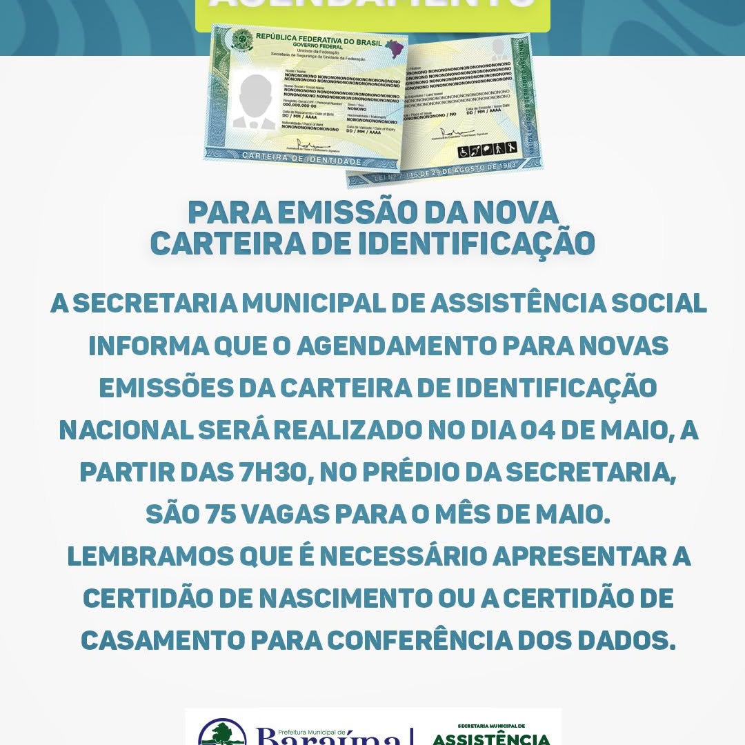 Baraúna: Agendamento para Carteira de Identificação Nacional inicia em 4 de maio