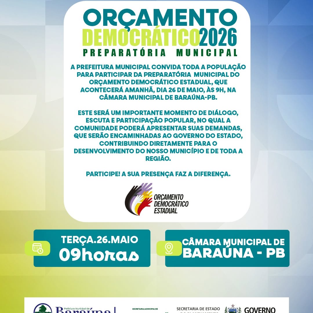 Prefeitura de Baraúna convoca para Preparatória do Orçamento Democrático Estadual